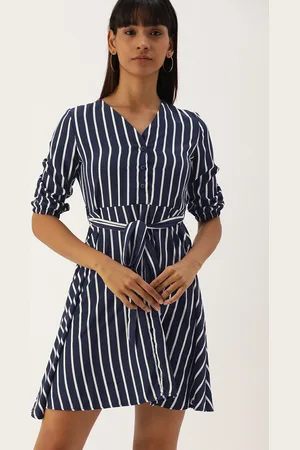 Campus Women Navy Blue Striped Fit and Flare Dress