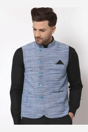 KLOTTHE Men Blue Checked Pure Cotton Nehru Jacket