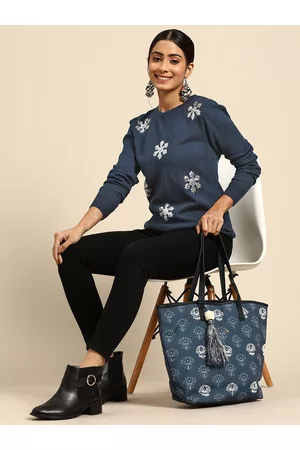Sangria Women Navy Blue Solid Embellished Pullover