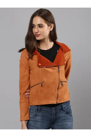 Campus Women Brown Suede Windcheater Crop Biker Jacket