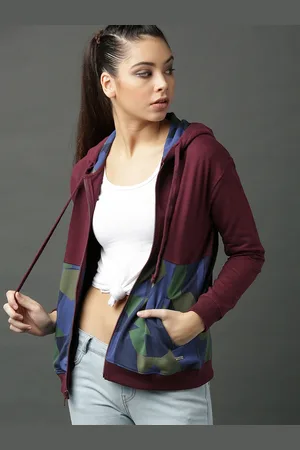 Roadster Women Burgundy & Green Printed Hooded Sweatshirt