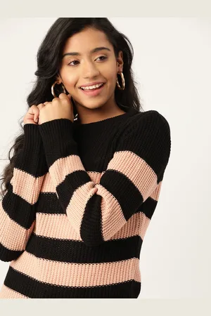 DressBerry Women Black & Peach-Coloured Striped Pullover Sweater