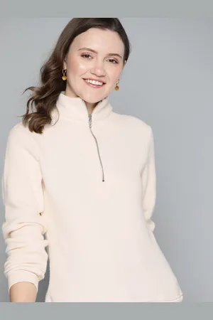 Mast & Harbour Women Off-White Solid Sherpa Sweatshirt
