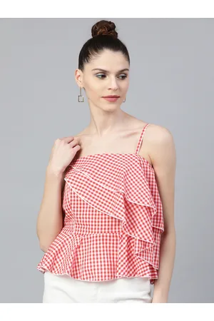 STREET 9 Women Red And White Checked Peplum Pure Cotton Top