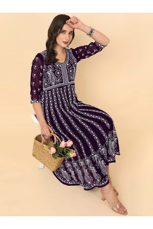 HERE&NOW HERENOW Women Chikankari Embroidered Thread Work Georgette Anarkali Kurta