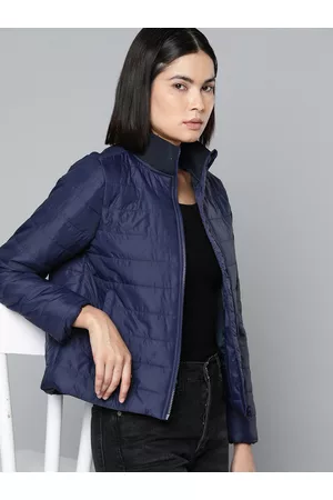Ether Women Navy Blue Solid Padded Jacket
