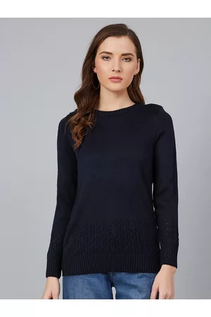 Cayman Women Navy Blue Solid Acrylic Pullover