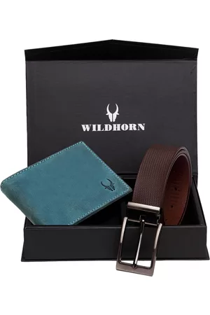 WildHorn Men Teal Blue & Brown RFID Protected Genuine Leather Accessory Gift Set