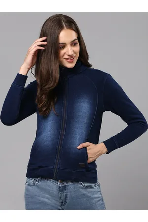 Campus Women Blue Washed Striped Windcheater Denim Jacket