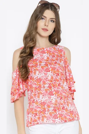 Sera Women Off-White & Pink Floral Printed Cold-Shoulder Pure Cotton Top