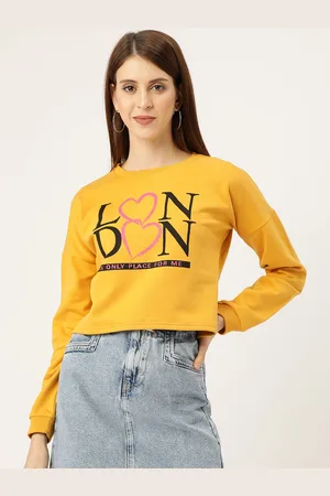 Sera Women Yellow & Black Typography Print Cropped Sweatshirt