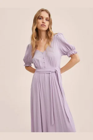 MANGO Women Lavender Solid A-Line Midi Dress with Belt
