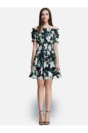 JC Collection Women Black & White Floral Printed Off-Shoulder Mini Dress