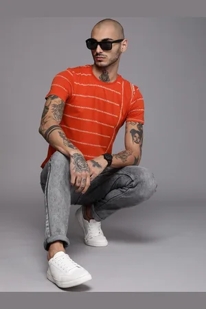 WROGN Men Rust White Printed Slim Fit Pure Cotton T-shirt