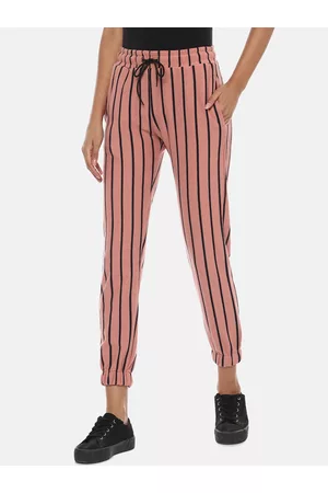 Campus Women Pink & Black Striped Cotton Active Joggers