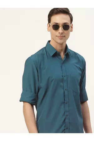 English Navy Men Turquoise Blue Classic Slim Fit Casual Shirt
