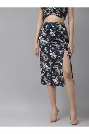 KASSUALLY Women Navy Blue & Pink Printed Midi Skirt