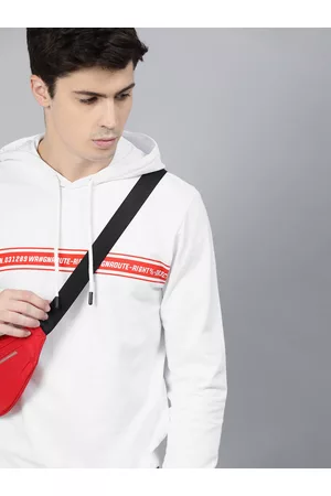 WROGN Men White Printed Hooded Slim Fit Pullover Sweatshirt