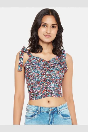 Women Blue & Pink Tribal Printed Round Neck Waist Tie-Up Crop Top