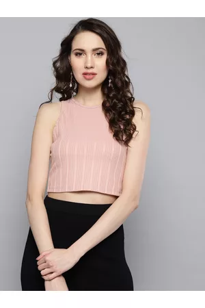 STREET 9 Women Pink Self Striped Crop Top