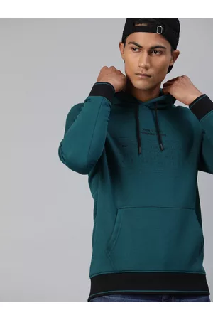 WROGN Men Teal Blue Printed Slim Fit Hooded Sweatshirt