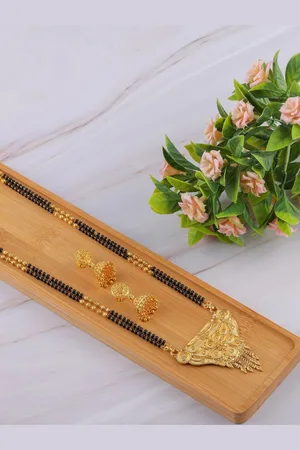 Brandsoon Black Gold-Plated Beaded Mangalsutra With Earrings