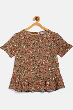 Crimsoune Club Brown & Green Floral Printed Peplum Top