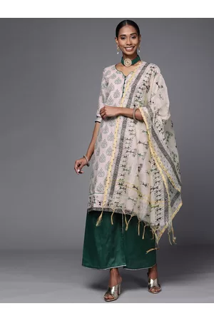 Chhabra 555 Women Beige Tribal Printed Kantha Work Kurta with Palazzos & Dupatta