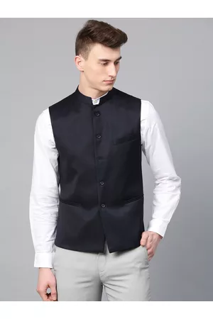MANQ Men Navy Blue Solid Slim Fit Nehru Jacket