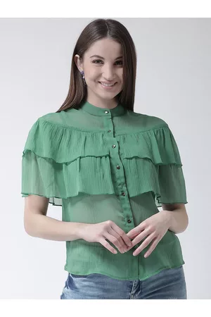 KASSUALLY Women Green Solid Tiered Shirt Style Top