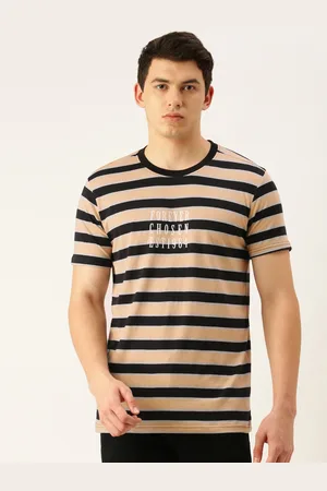Forever 21 Men Beige & Black Striped Round Neck T-shirt