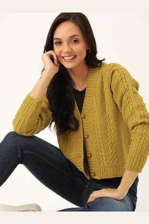 DressBerry Women Mustard Yellow Cable Knit Cardigan