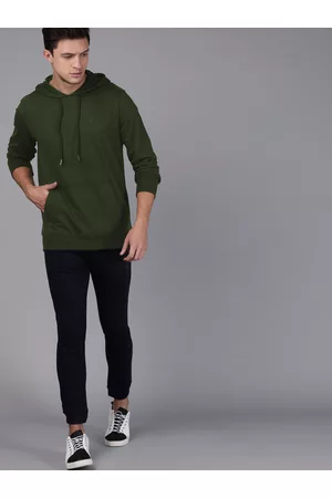 WROGN Men Olive Green Solid Slim Fit Hooded Sweatshirt