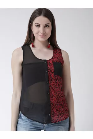 KASSUALLY Women Black & Red Regular Fit Printed Casual Sheer Shirt