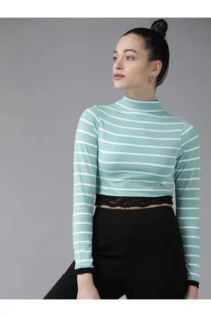 KASSUALLY Women Green & White Striped Pure Cotton Regular Crop Top