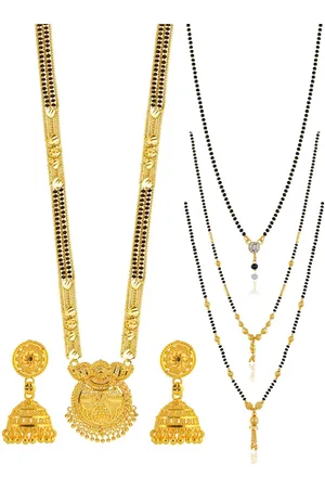 Brandsoon Set Of 4 Black & White-Toned & Gold-Plated Beaded Mangalsutra With Earrings