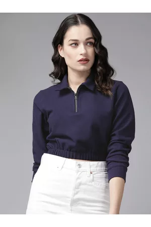 KASSUALLY Women Navy Blue Solid Crop Sweatshirt