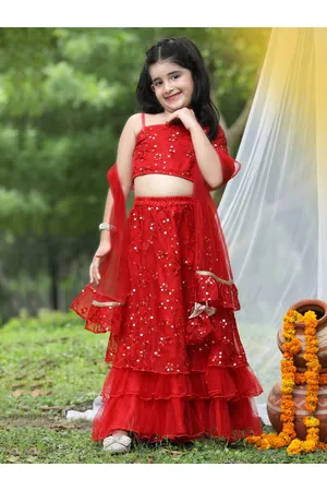Cutiekins Girls Red & Gold-Toned Sequinned Ready to Wear Lehenga & Blouse With Dupatta