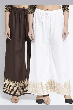 Jinfo Women White & Brown Set Of 2 Gota Printed Wide Leg Fit Palazzo