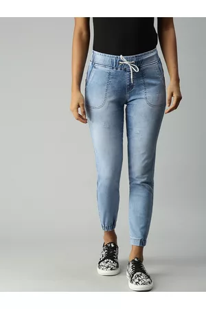 SHOWOFF Women Blue Skinny Fit High-Rise Heavy Fade Stretchable Joggers