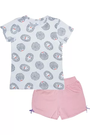 KiddoPanti Girls White & Pink Printed T-shirt with Shorts