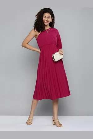 Kvsfab Women Magenta One Shoulder Crepe Solid Midi Dress