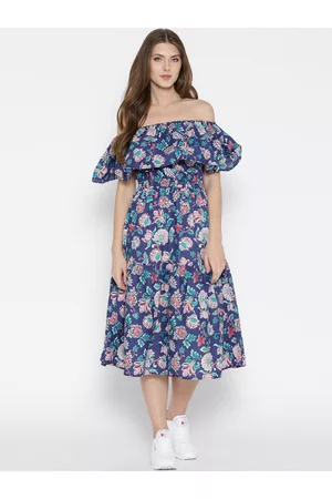 Sera Women Blue Floral Print Fit & Flare Midi Dress