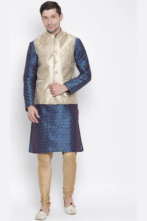 Vastramay Men Blue & Beige Self Design Kurta with Churidar & Jacket
