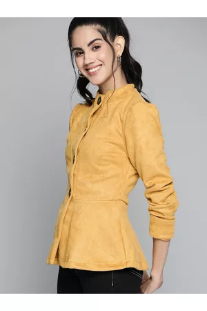 HERE&NOW Women Mustard Yellow Solid Tailored Jacket