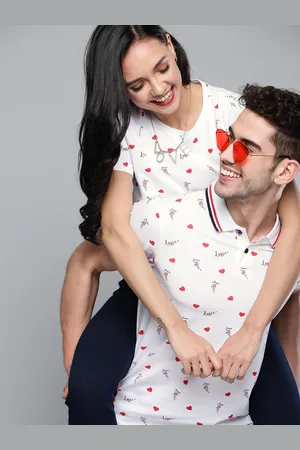 Mast & Harbour Mast Harbour Men White Red Hearts Printed Pure Cotton Polo Collar Pure Cotton T-shirt