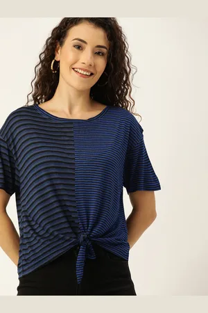 Campus Women Blue & Black Striped Regular Top with Waist Tie-Up Detail