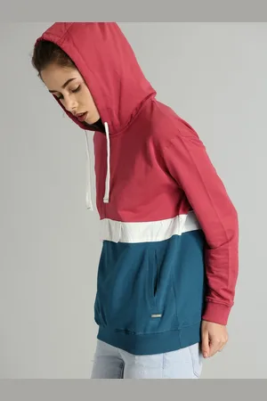 Roadster Women Pink & Teal Colourblocked Hooded Sweatshirt