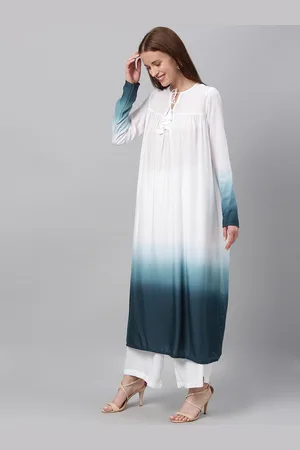 Ethnovog Women White Blue Dyed Made To Measure A-Line Kurta