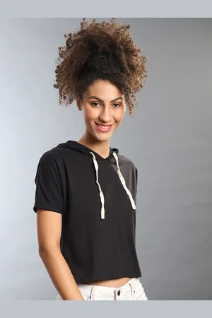 Campus Black Solid Regular Hooded Crop Top